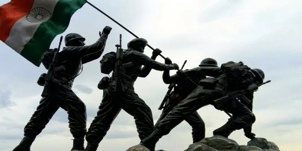 Soldiers raising the Indian National Flag
